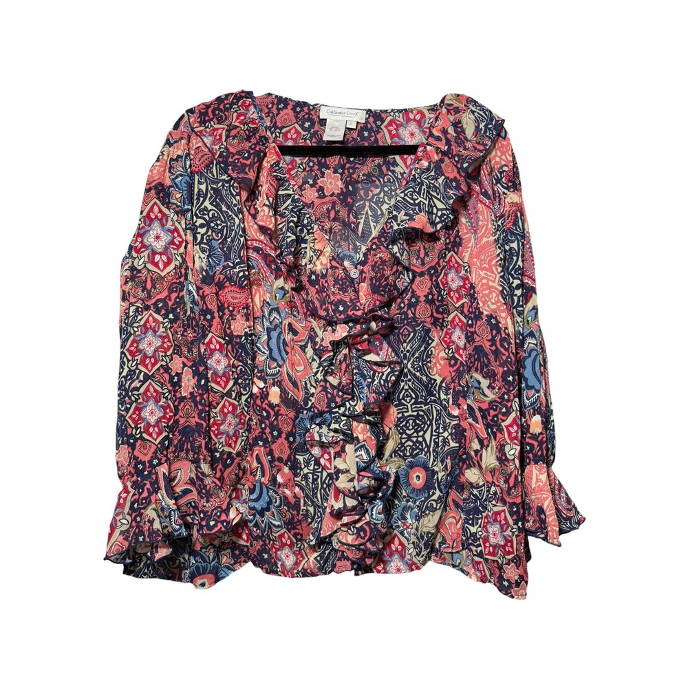 Coldwater Creek‎ L Ruffle Front Floral Paisley Blouse Boho Peasant Bell Sleeve